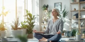 Líder empresarial praticando mindfulness em ambiente tranquilo.