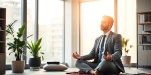 Homem de negócios meditando em um escritório tranquilo.