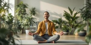 Líder meditando em um ambiente de trabalho tranquilo.