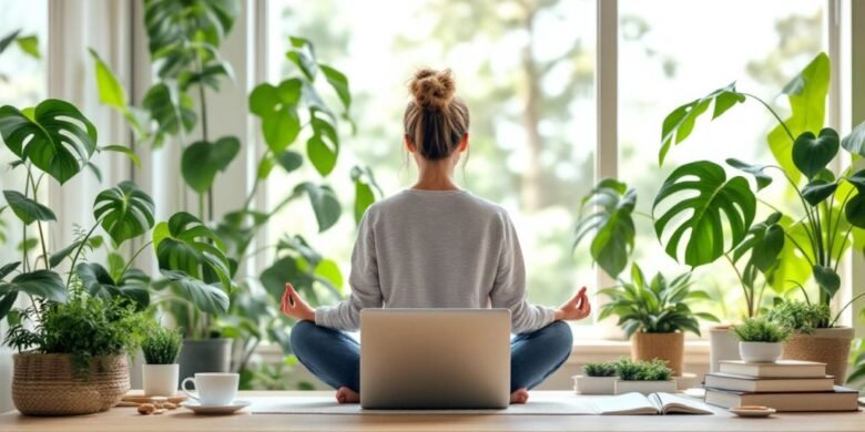 Ambiente calmo com pessoa meditando e natureza.