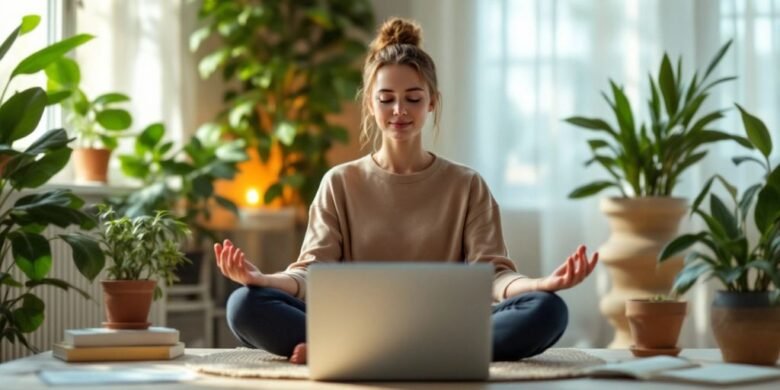 Pessoa meditando em um espaço de trabalho sereno.