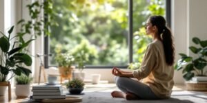 Pessoa meditando em um ambiente de trabalho sereno.