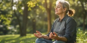 Líder meditando em meio à natureza tranquila.