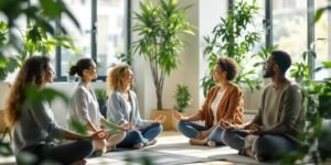 Grupo de líderes meditando em um escritório tranquilo.