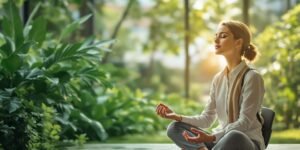 Empresário praticando mindfulness em um ambiente tranquilo.