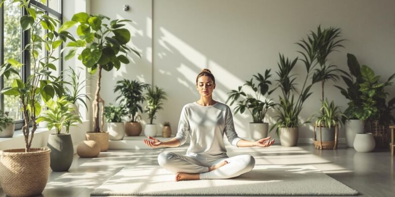 Pessoa meditando em escritório tranquilo com plantas.