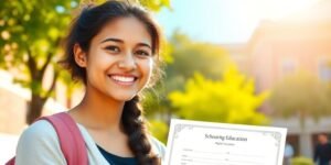 Estudante feliz com certificado de bolsa na universidade.